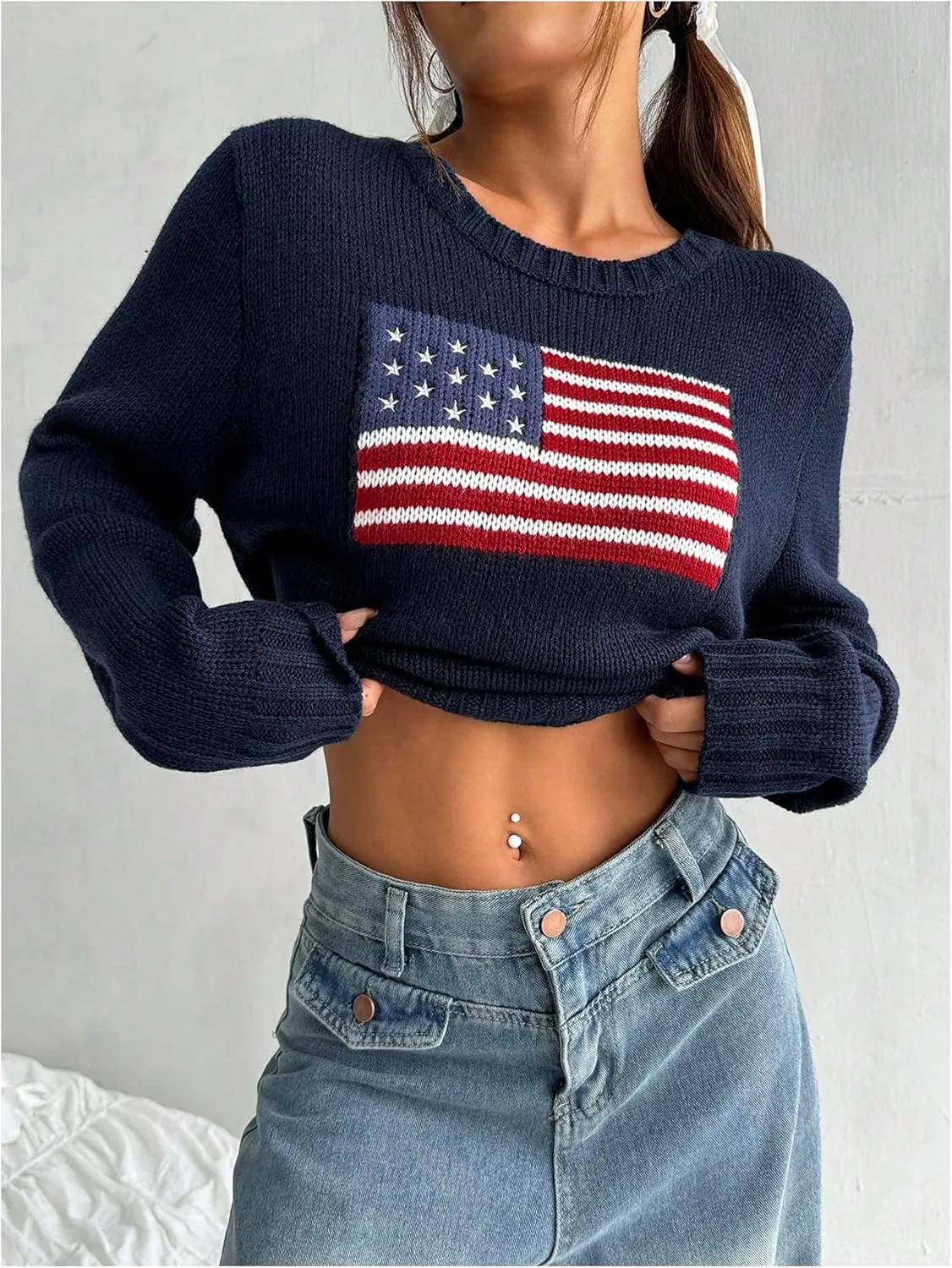 SweatyRocks Women's Flag Pattern Long Sleeve Round Neck Sweater Casual Loose Pullover Sweater