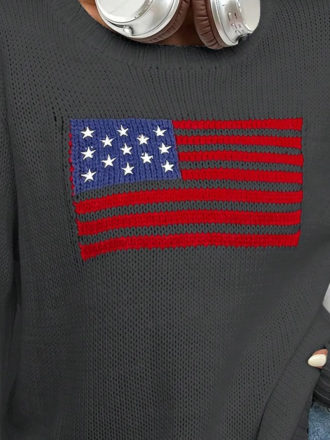 SweatyRocks Women's Flag Pattern Long Sleeve Round Neck Sweater Casual Loose Pullover Sweater