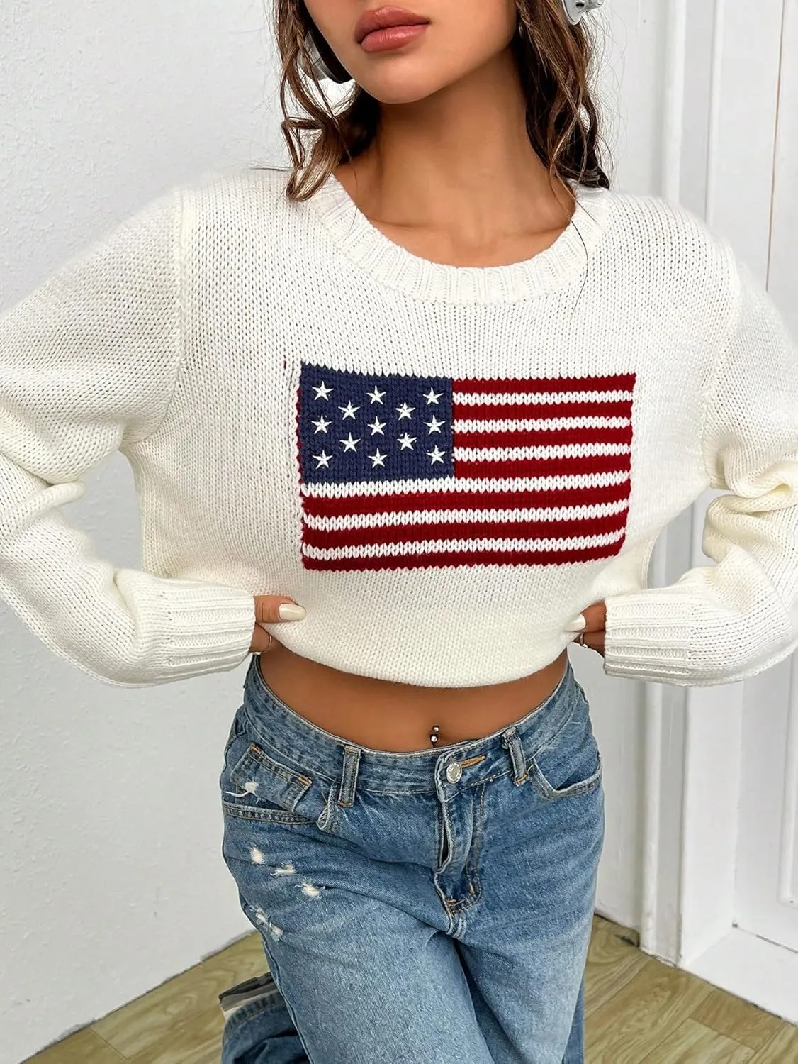 SweatyRocks Women's Flag Pattern Long Sleeve Round Neck Sweater Casual Loose Pullover Sweater