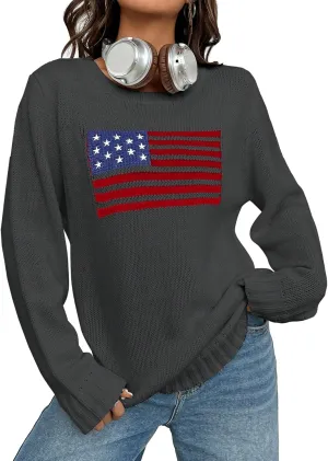 SweatyRocks Women's Flag Pattern Long Sleeve Round Neck Sweater Casual Loose Pullover Sweater