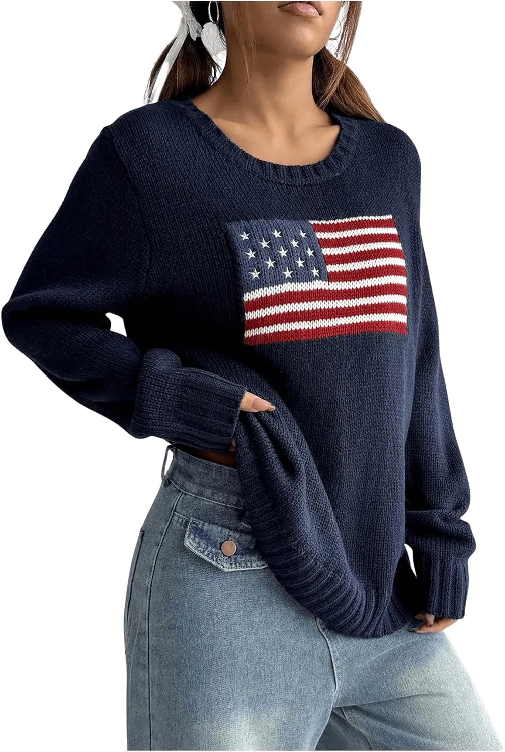 SweatyRocks Women's Flag Pattern Long Sleeve Round Neck Sweater Casual Loose Pullover Sweater