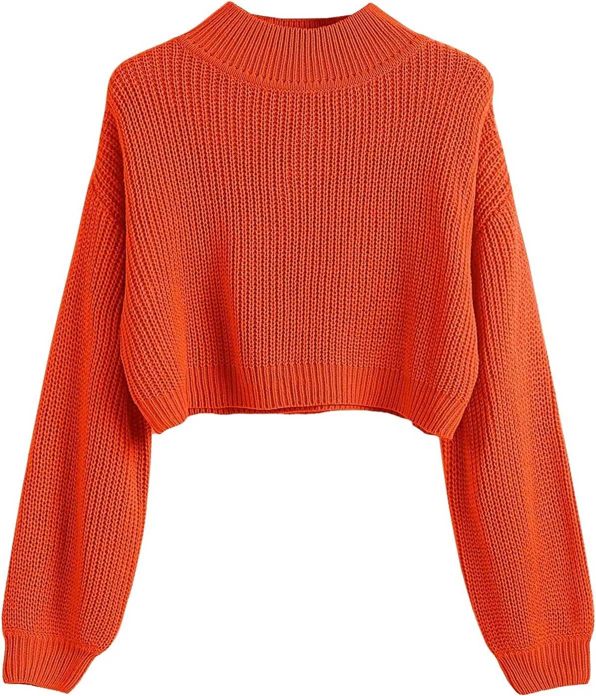 SweatyRocks Women's Long Sleeve Mock Neck Cropped Sweater Drop Shoulder Pullover Sweater Lantern Sleeve Ribbed Knit Crop Top