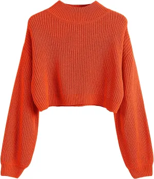 SweatyRocks Women's Long Sleeve Mock Neck Cropped Sweater Drop Shoulder Pullover Sweater Lantern Sleeve Ribbed Knit Crop Top