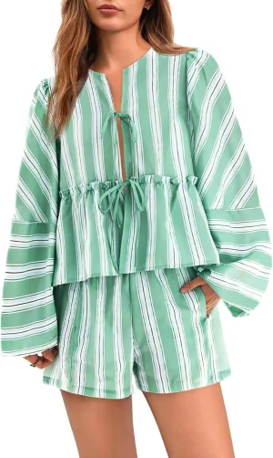 Tankaneo Womens 2 Piece Outfits Tie Front Peplum Tops Shorts Sets Striped Puff Long Sleeve Blouse Y2K Lounge Sets
