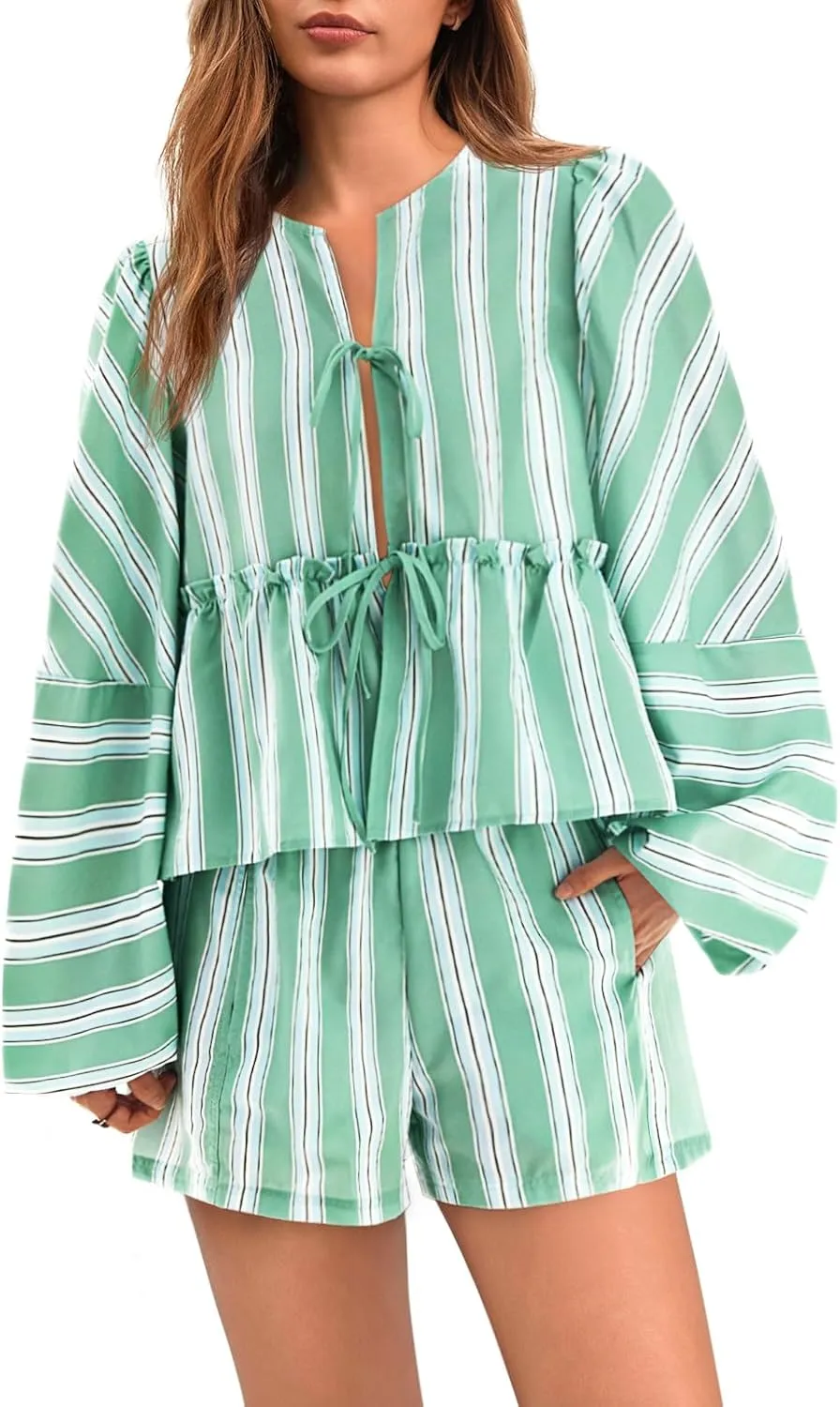 Tankaneo Womens 2 Piece Outfits Tie Front Peplum Tops Shorts Sets Striped Puff Long Sleeve Blouse Y2K Lounge Sets