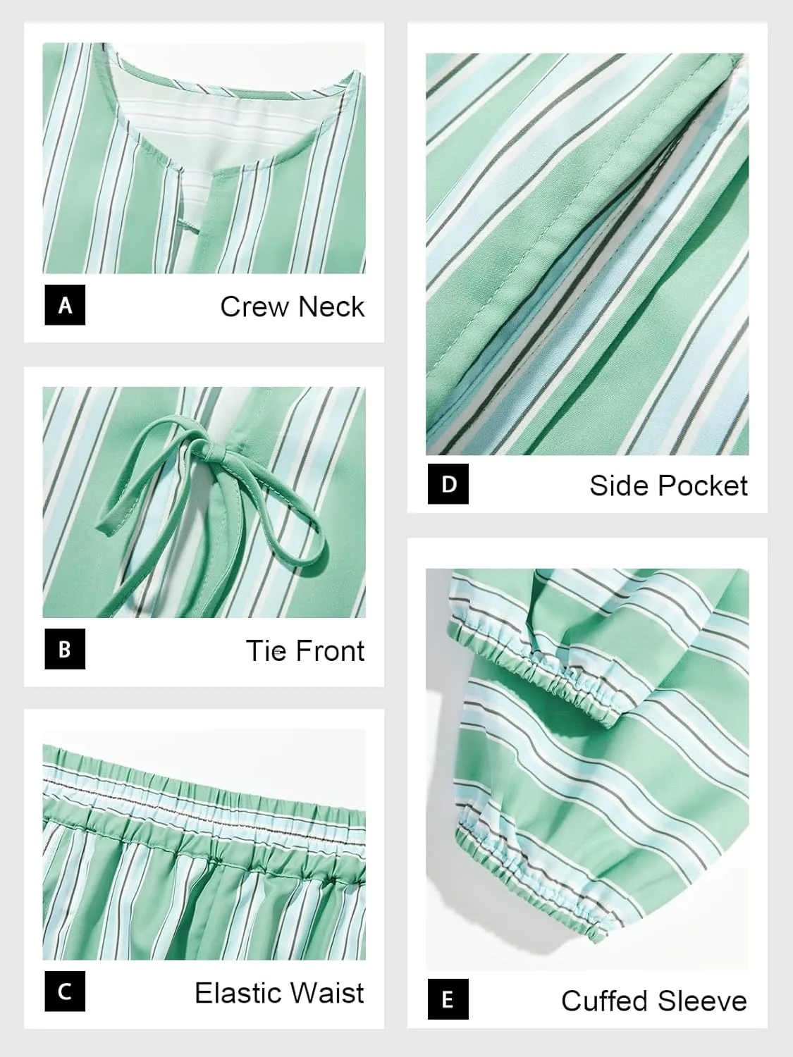 Tankaneo Womens 2 Piece Outfits Tie Front Peplum Tops Shorts Sets Striped Puff Long Sleeve Blouse Y2K Lounge Sets