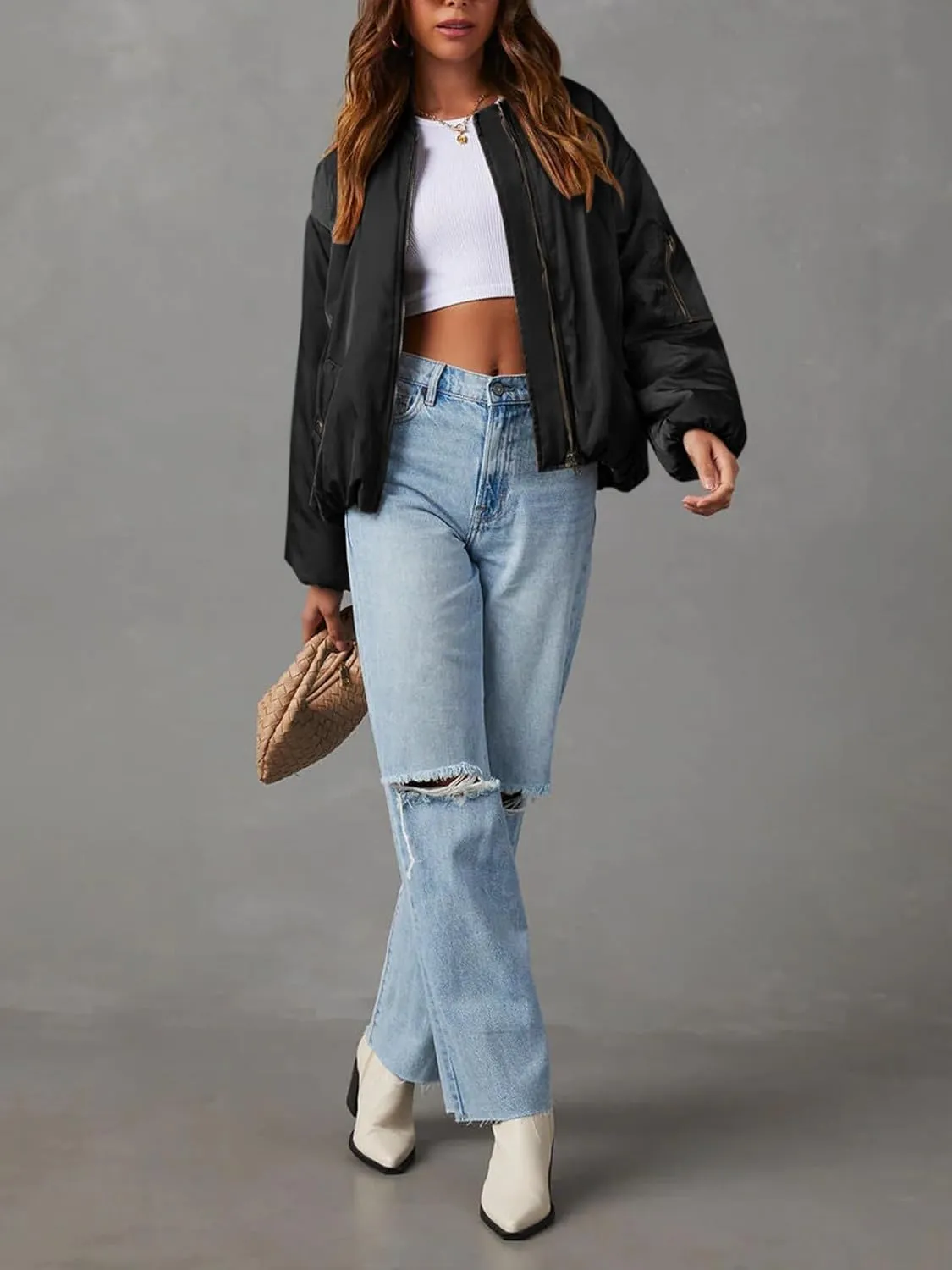 Tankaneo Womens Zip Up Bomber Jacket Oversized Fashion Casual Fully Lined Winter Coats With Pockets