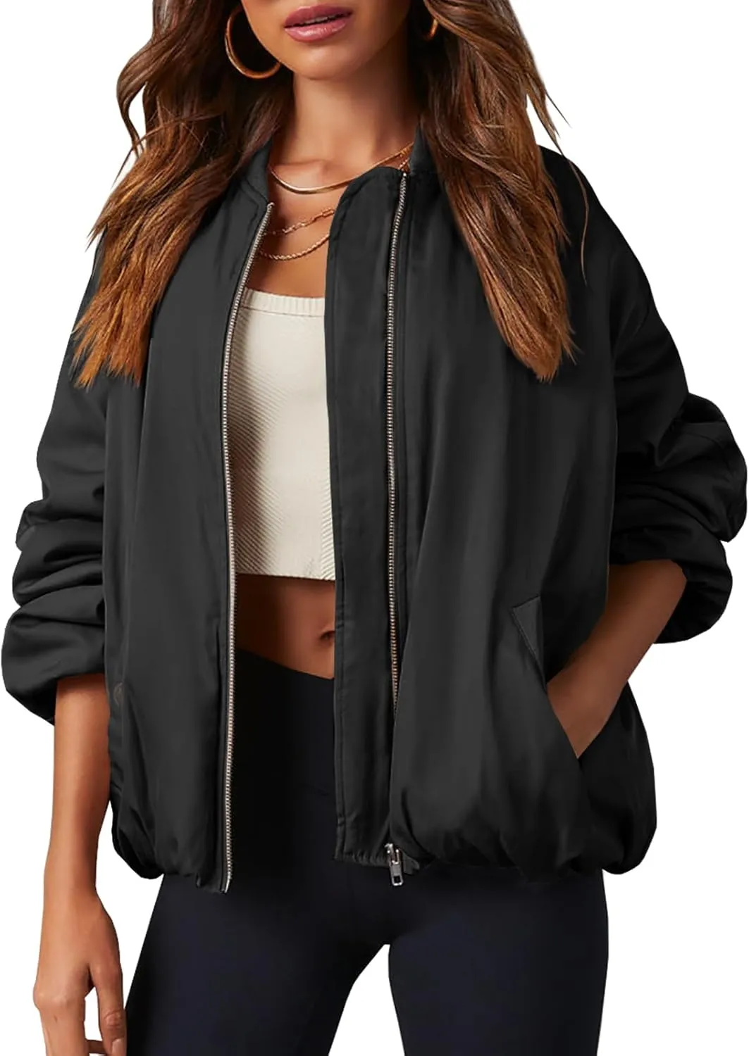 Tankaneo Womens Zip Up Bomber Jacket Oversized Fashion Casual Fully Lined Winter Coats With Pockets
