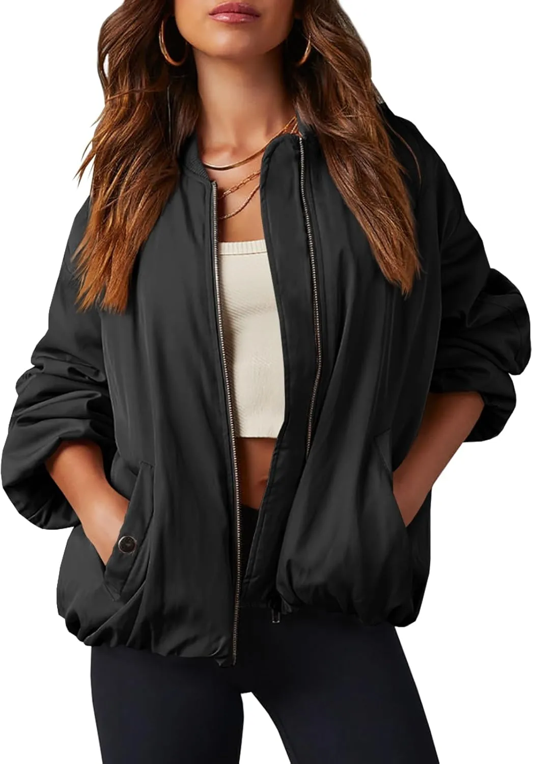 Tankaneo Womens Zip Up Bomber Jacket Oversized Fashion Casual Fully Lined Winter Coats With Pockets