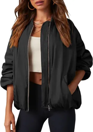 Tankaneo Womens Zip Up Bomber Jacket Oversized Fashion Casual Fully Lined Winter Coats With Pockets