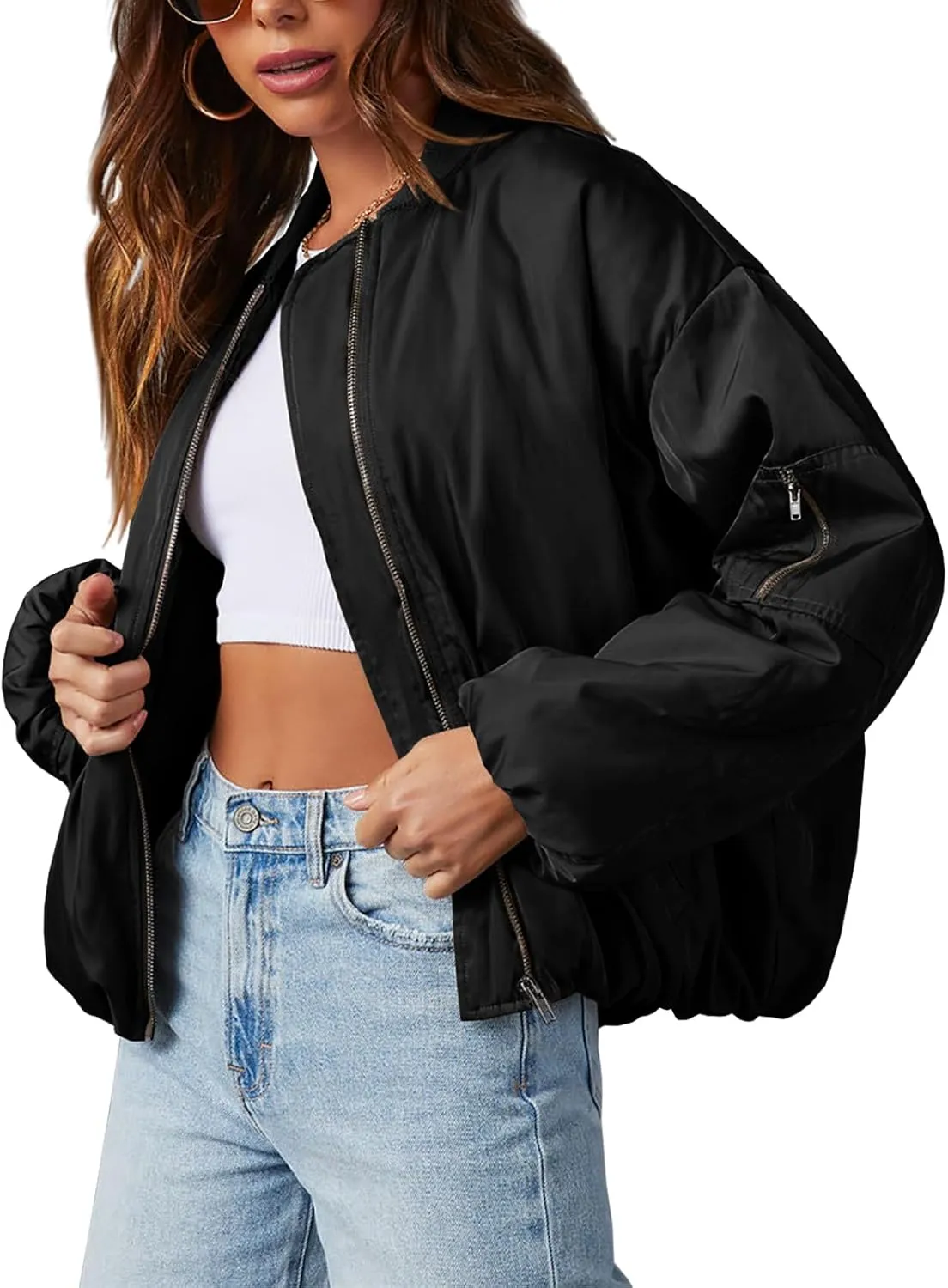 Tankaneo Womens Zip Up Bomber Jacket Oversized Fashion Casual Fully Lined Winter Coats With Pockets