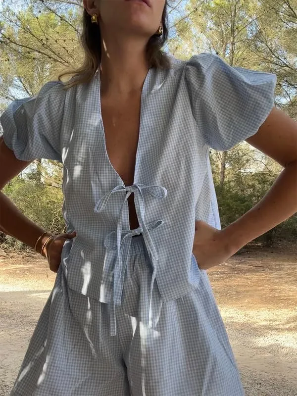 Thopavenoir Women 2 Piece Casual Lounge Sets Y2k Puff Sleeve Peplum Shirt Tie Front Tee Shirt Shorts 2pcs Pajamas Sets