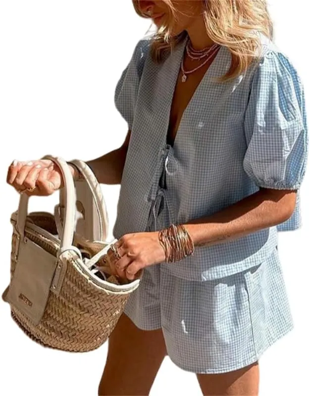 Thopavenoir Women 2 Piece Casual Lounge Sets Y2k Puff Sleeve Peplum Shirt Tie Front Tee Shirt Shorts 2pcs Pajamas Sets