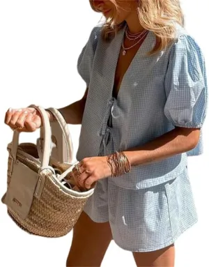 Thopavenoir Women 2 Piece Casual Lounge Sets Y2k Puff Sleeve Peplum Shirt Tie Front Tee Shirt Shorts 2pcs Pajamas Sets