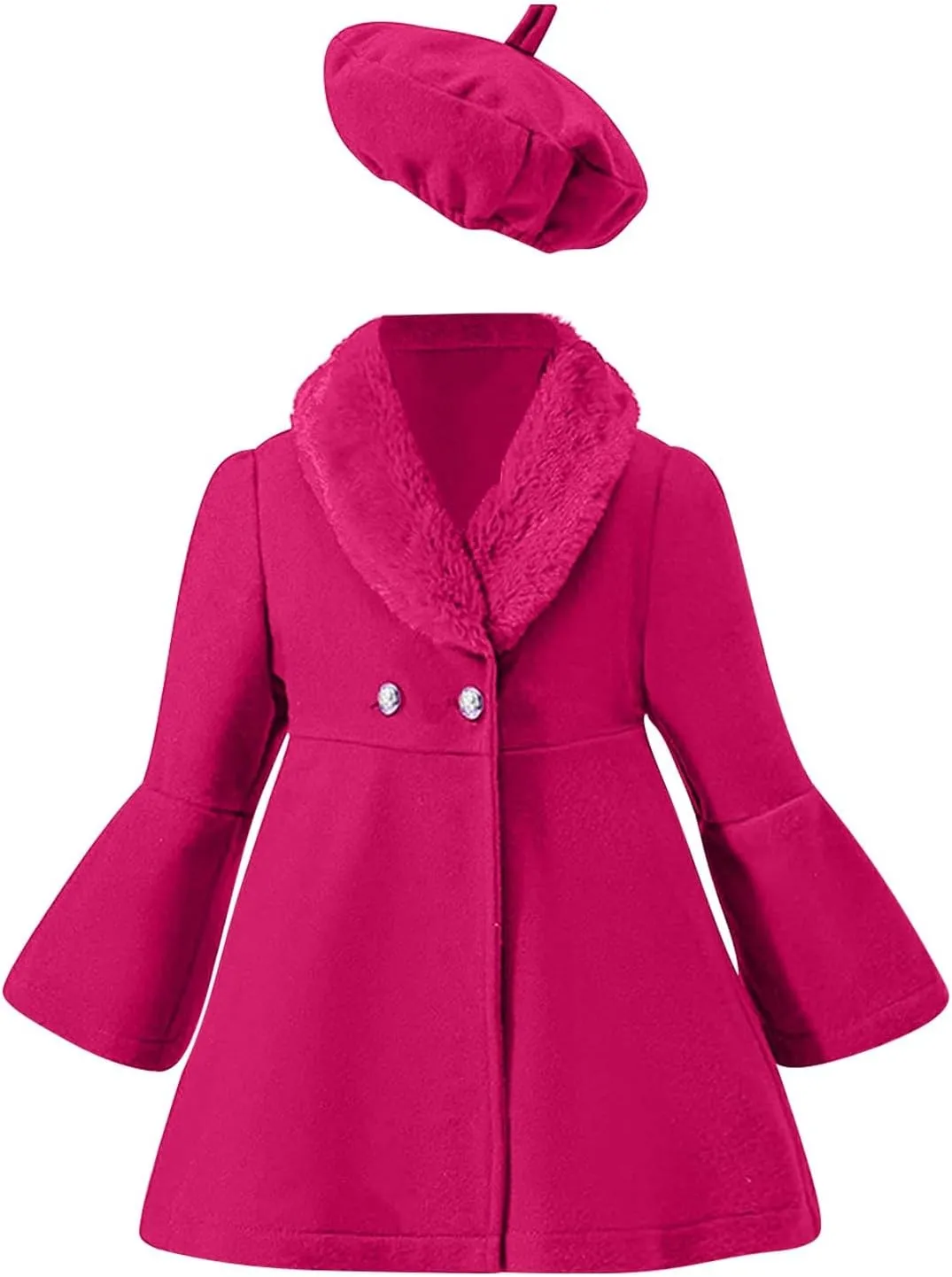 Toddler Kids Girls Trench Jacket Long Sleeve Fury Collar Warm Peacoat with Beret Hat Set for Casual