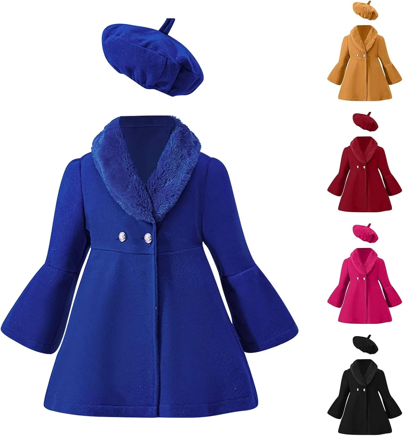 Toddler Kids Girls Trench Jacket Long Sleeve Fury Collar Warm Peacoat with Beret Hat Set for Casual