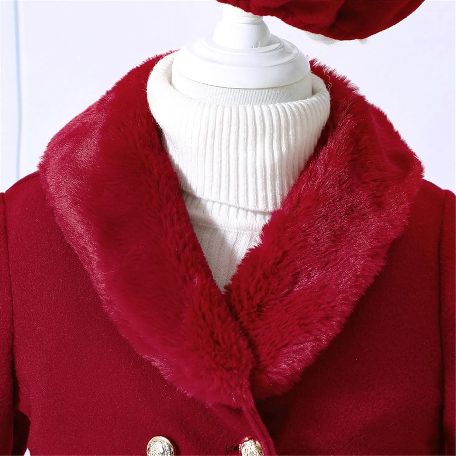 Toddler Kids Girls Trench Jacket Long Sleeve Fury Collar Warm Peacoat with Beret Hat Set for Casual