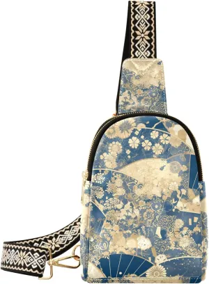 trendy Blue and Gold Japanese Vintage Flowers sling bag men waterproof fanny pack crossbody bags for day pack