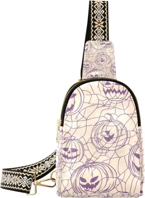Trendy Pumpkins Web Ghosts Lavender and Beige sling bag lightweight leather crossbody fanny packs for hiking
