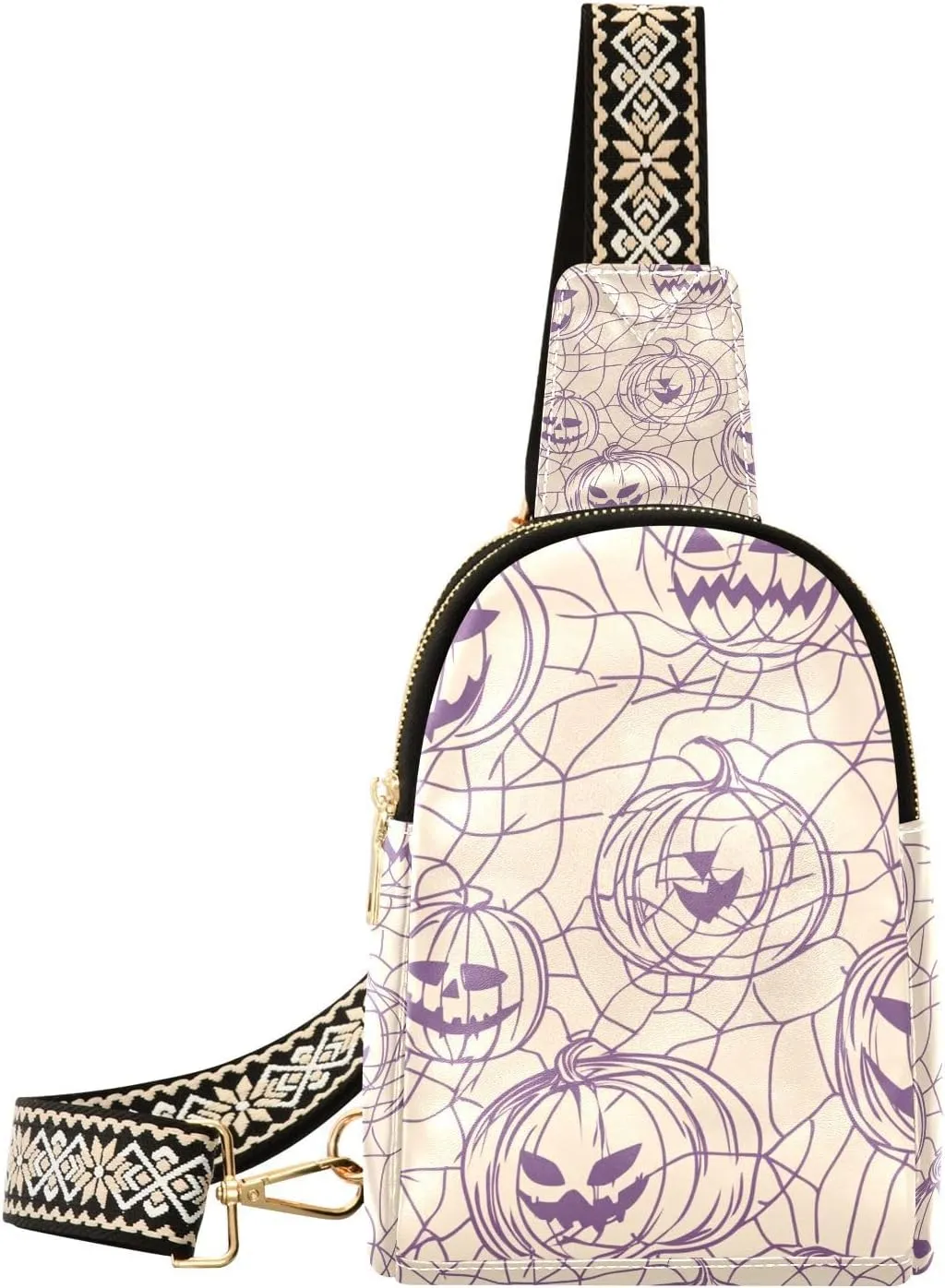Trendy Pumpkins Web Ghosts Lavender and Beige sling bag lightweight leather crossbody fanny packs for hiking