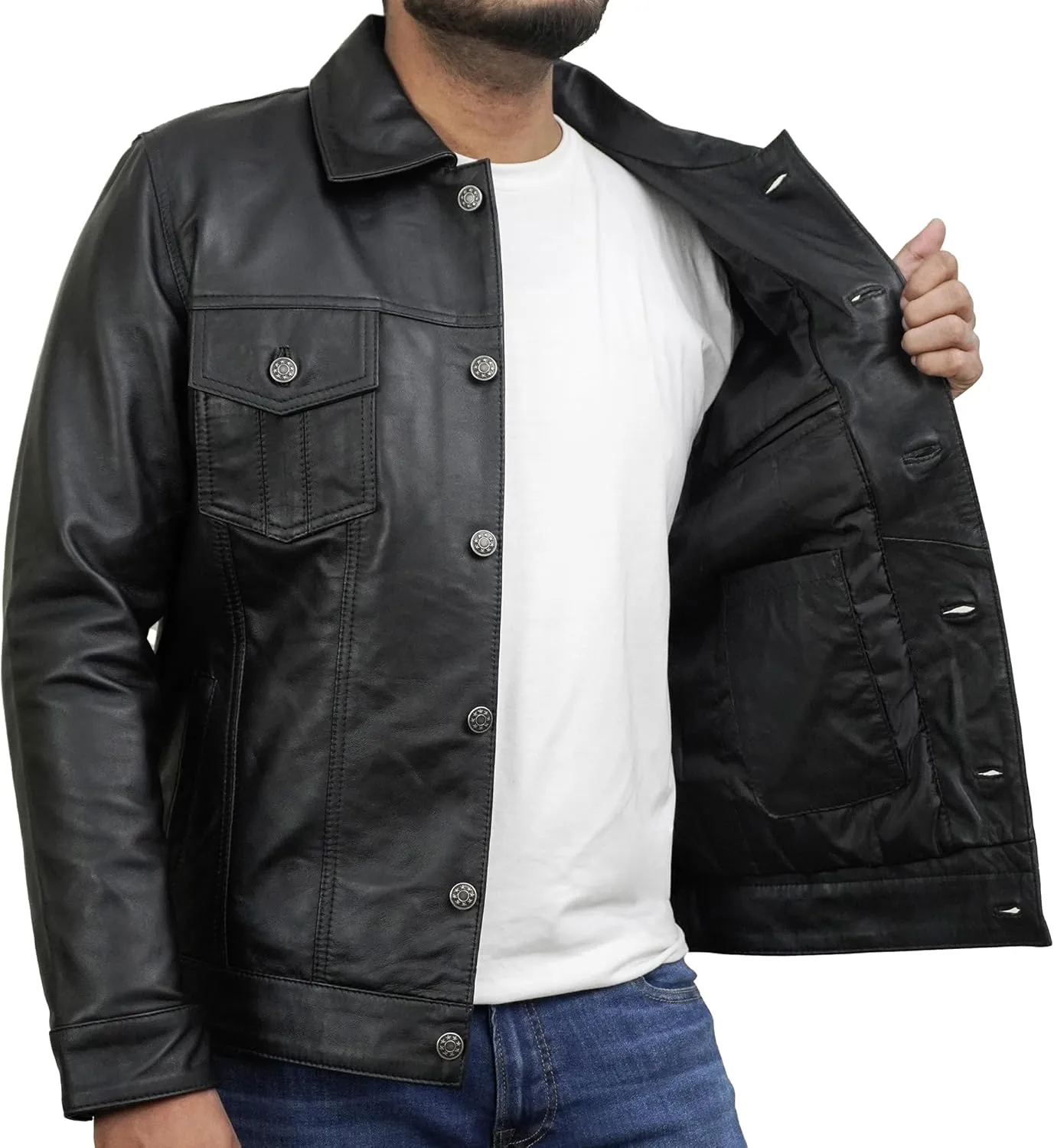 Trucker Style Casual Vintage Leather Jacket Men - Classic Button Down Real Lambskin Jackets For Mens With Pockets