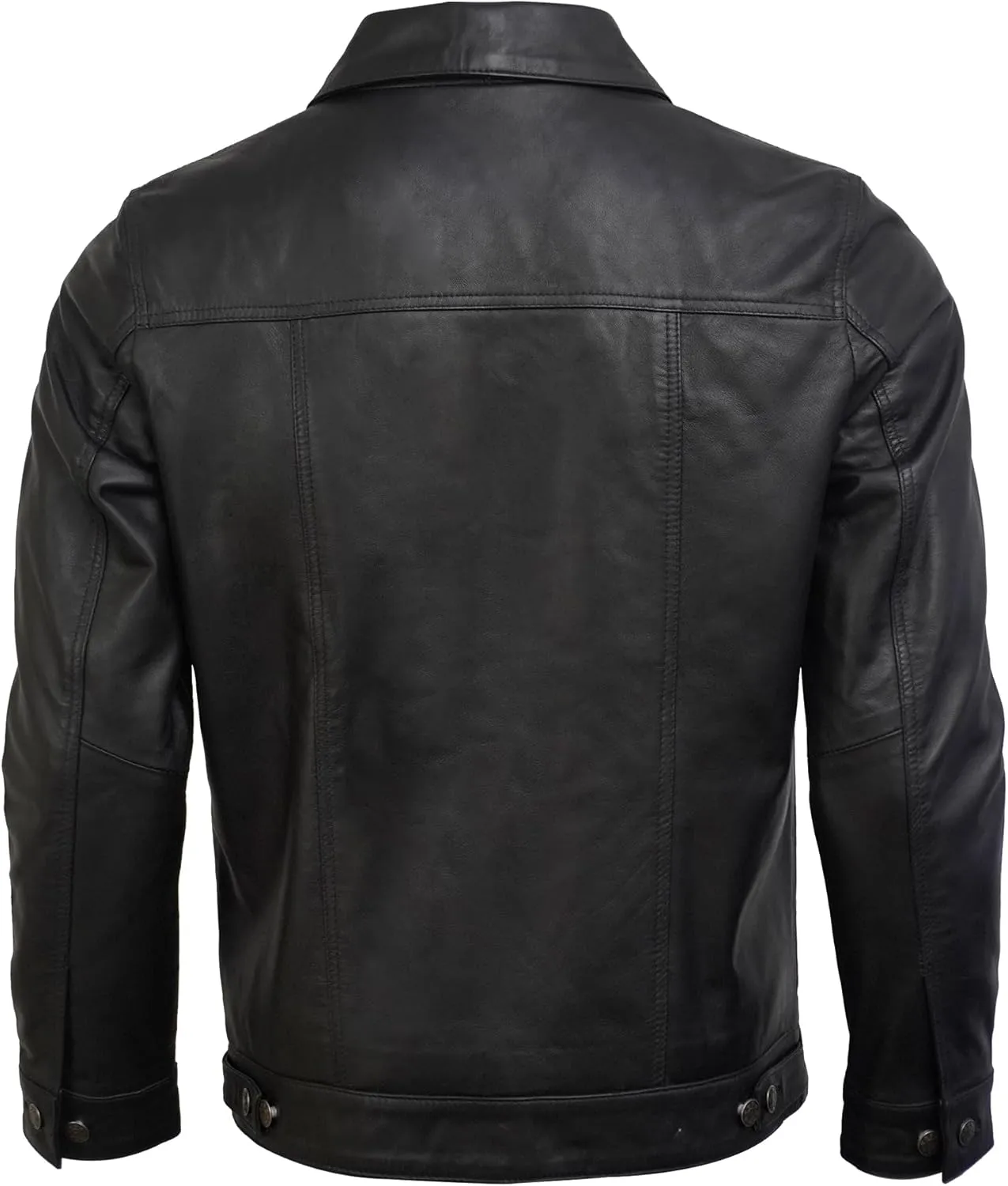 Trucker Style Casual Vintage Leather Jacket Men - Classic Button Down Real Lambskin Jackets For Mens With Pockets