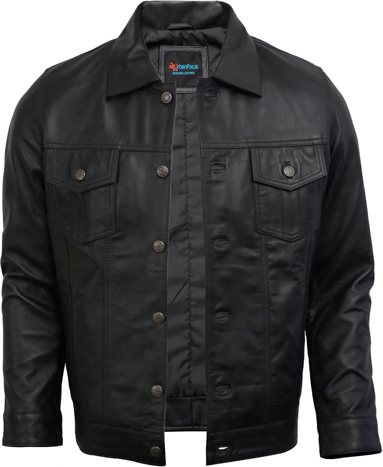 Trucker Style Casual Vintage Leather Jacket Men - Classic Button Down Real Lambskin Jackets For Mens With Pockets