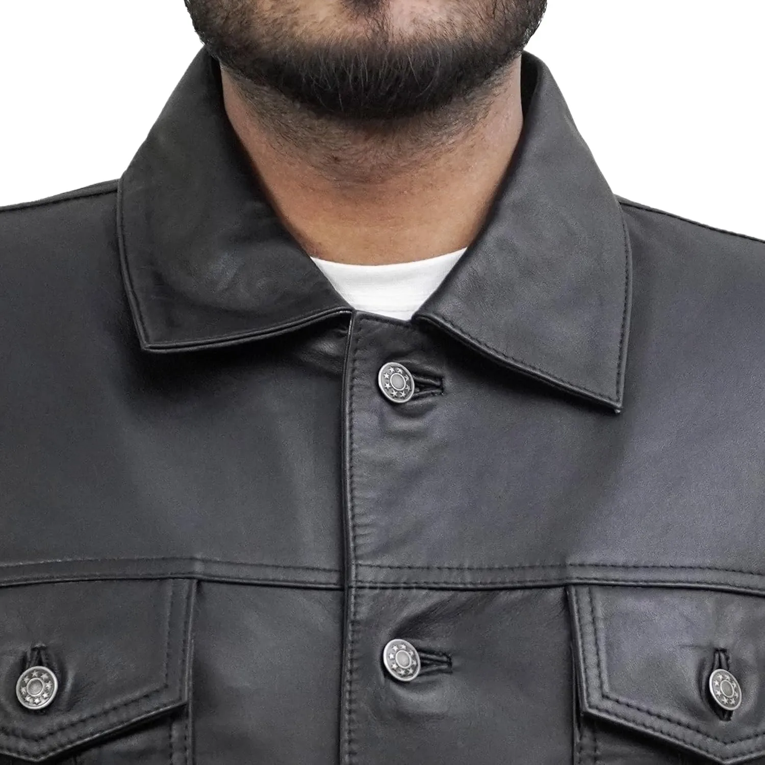 Trucker Style Casual Vintage Leather Jacket Men - Classic Button Down Real Lambskin Jackets For Mens With Pockets