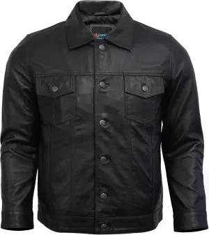 Trucker Style Casual Vintage Leather Jacket Men - Classic Button Down Real Lambskin Jackets For Mens With Pockets