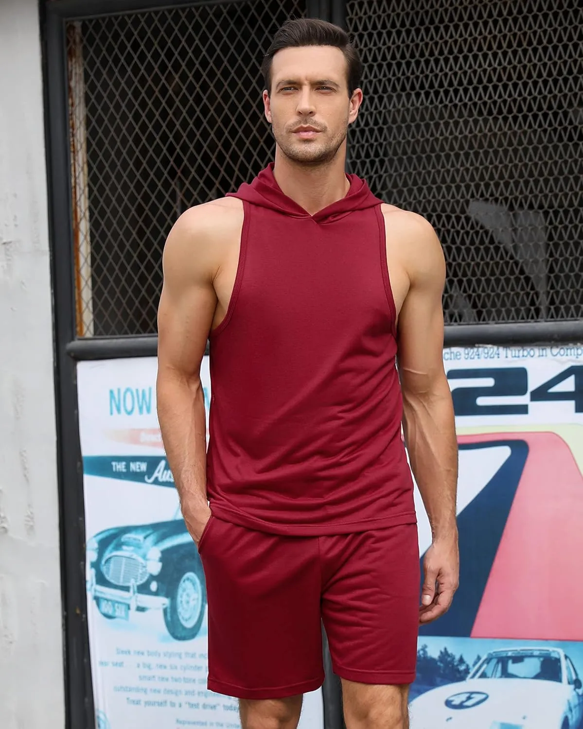 TURETRENDY Men's Tracksuit 2 Piece Sleeveless Hooded Workout Tank Top and Shorts Casual Athletic Sports Hoodie Shorts Set