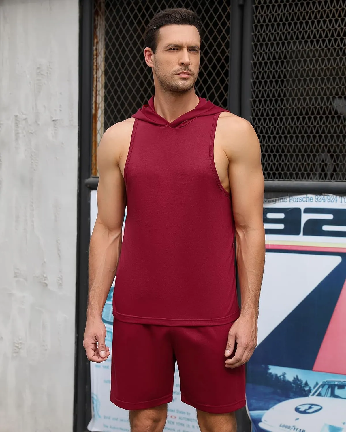 TURETRENDY Men's Tracksuit 2 Piece Sleeveless Hooded Workout Tank Top and Shorts Casual Athletic Sports Hoodie Shorts Set