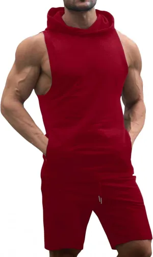TURETRENDY Men's Tracksuit 2 Piece Sleeveless Hooded Workout Tank Top and Shorts Casual Athletic Sports Hoodie Shorts Set