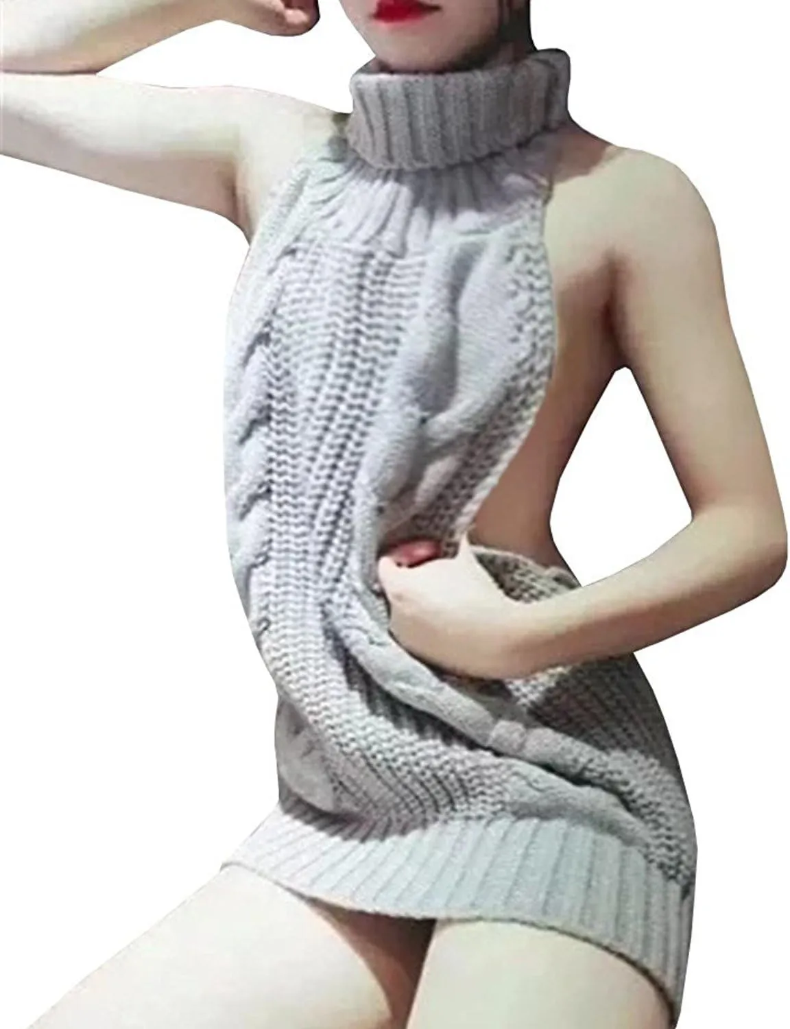 Unibaby Japan Style Women's Turtleneck Pullover Deep V-Neck Sleeveless Knitted Hi Low Anime Sweater Vest Top