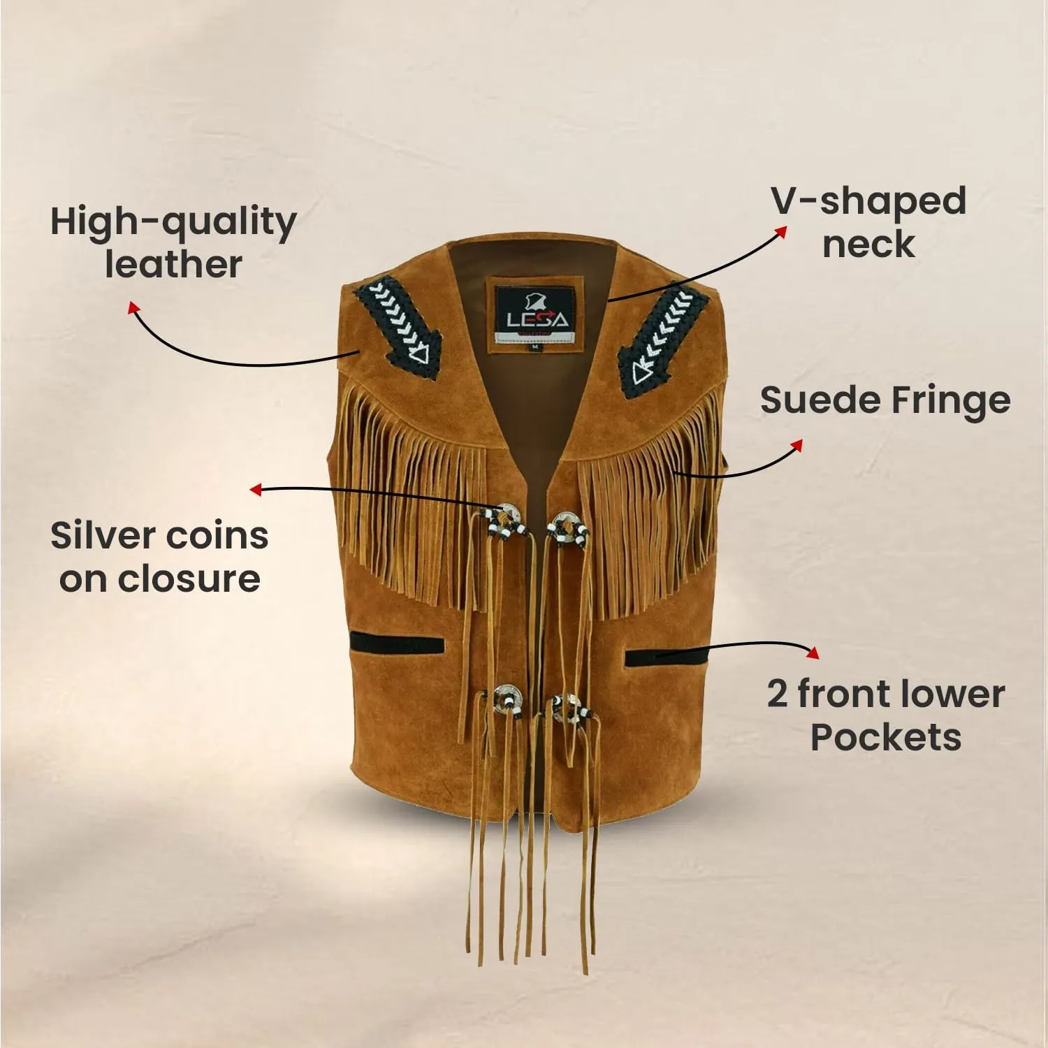 Unisex V-Neck Suede Leather Fringe Vest