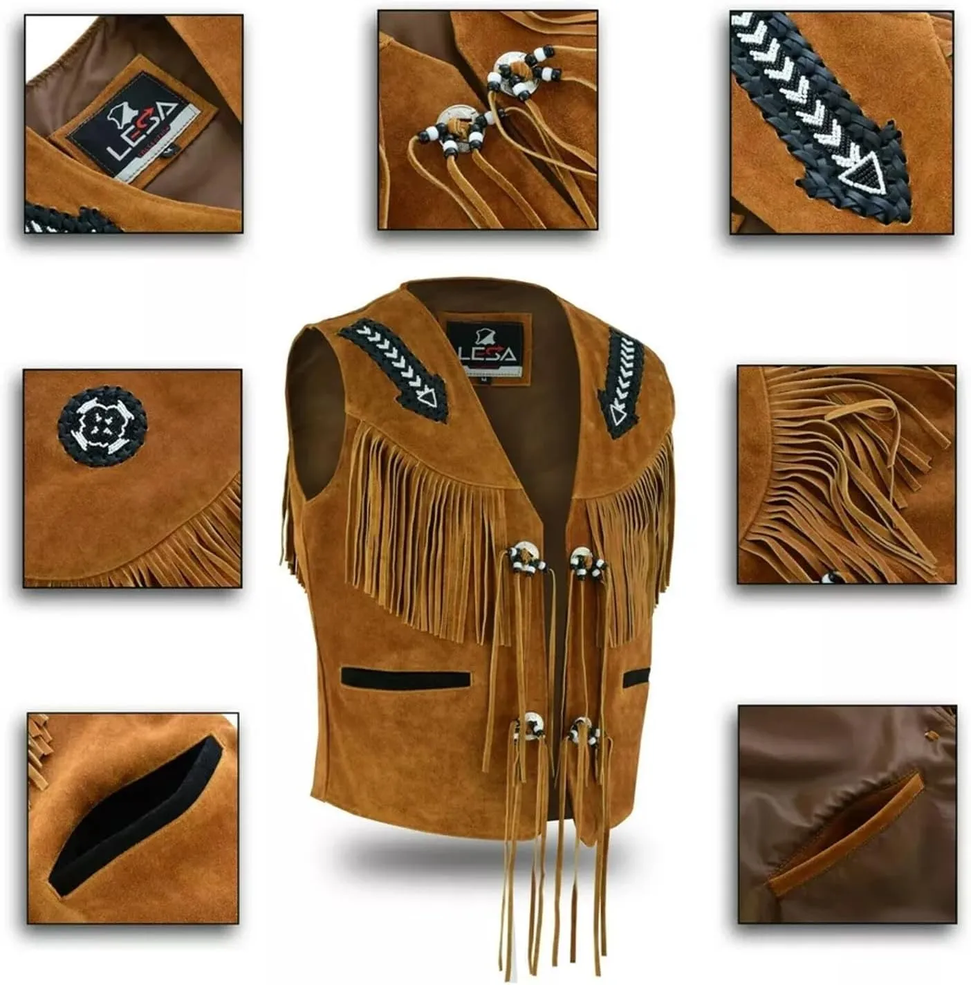 Unisex V-Neck Suede Leather Fringe Vest