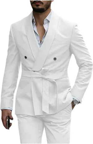 Uohzus Men's 2 Pieces Suit with Belt Casual Fashion Slim Linen Jacket and Pants