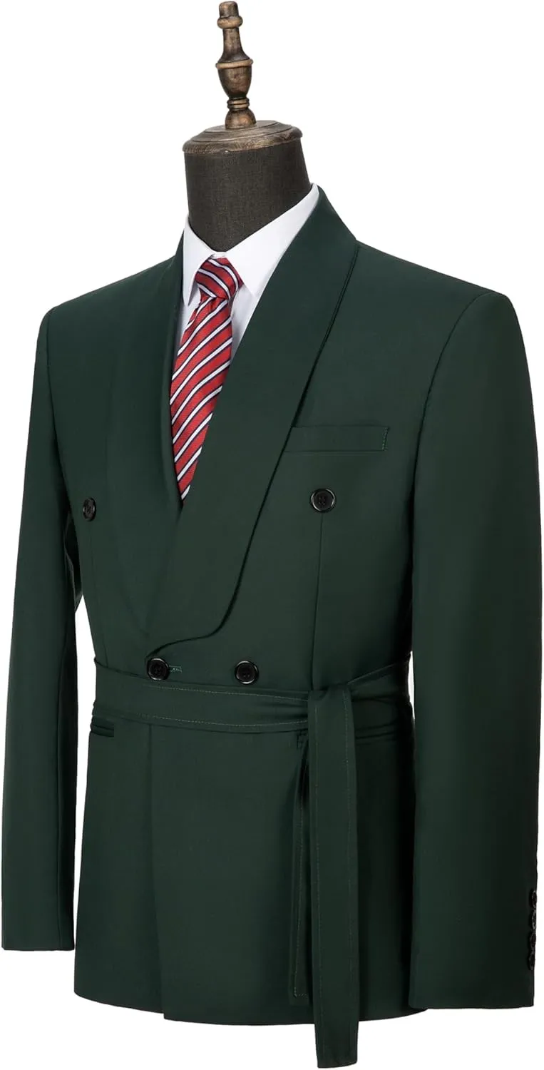 Uohzus Men's 2 Pieces Suit with Belt Casual Fashion Slim Linen Jacket and Pants