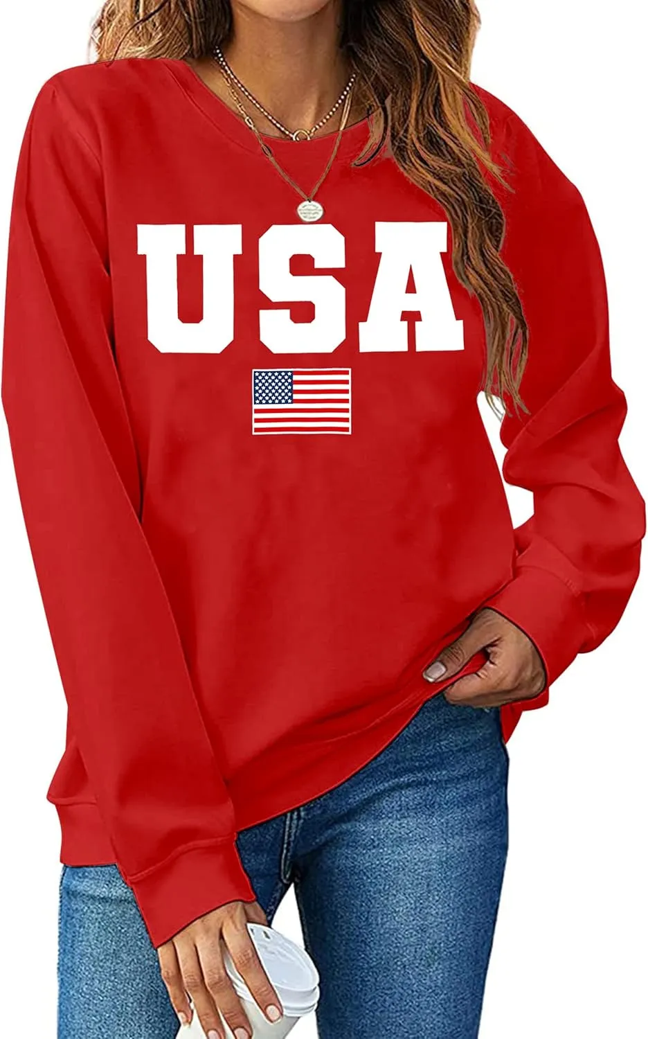 USA Sweatshirt Women American Flag Shirt Patriotic Tshirt Stars Stripes Pullover 4th of July Tee Tops