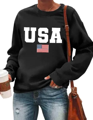 USA Sweatshirt Women American Flag Shirt Patriotic Tshirt Stars Stripes Pullover 4th of July Tee Tops