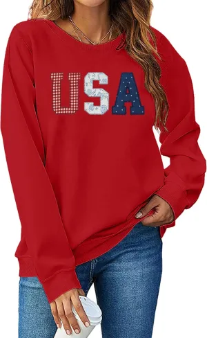 USA Sweatshirt Women American Flag Shirt Patriotic Tshirt Stars Stripes Pullover 4th of July Tee Tops
