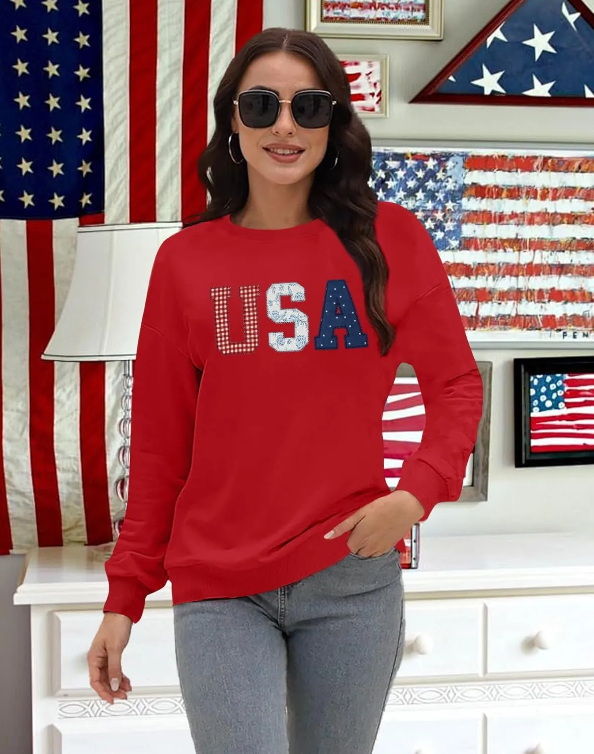 USA Sweatshirt Women American Flag Shirt Patriotic Tshirt Stars Stripes Pullover 4th of July Tee Tops
