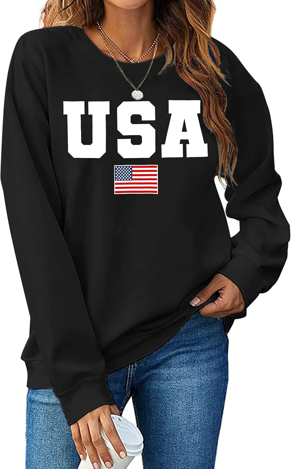 USA Sweatshirt Women American Flag Shirt Patriotic Tshirt Stars Stripes Pullover 4th of July Tee Tops