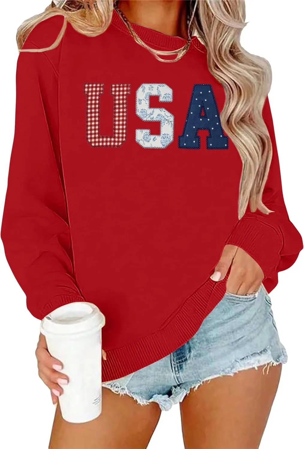 USA Sweatshirt Women American Flag Shirt Patriotic Tshirt Stars Stripes Pullover 4th of July Tee Tops