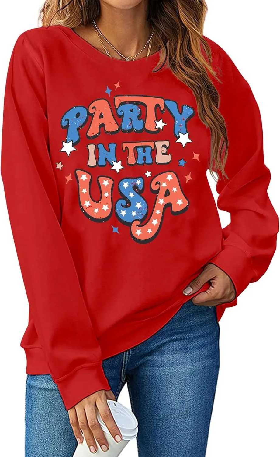 USA Sweatshirt Women American Flag Shirt Patriotic Tshirt Stars Stripes Pullover 4th of July Tee Tops