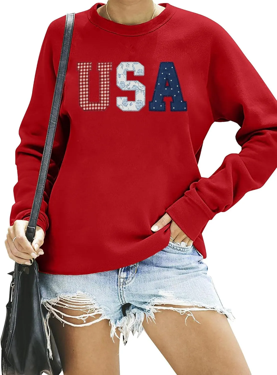 USA Sweatshirt Women American Flag Shirt Patriotic Tshirt Stars Stripes Pullover 4th of July Tee Tops