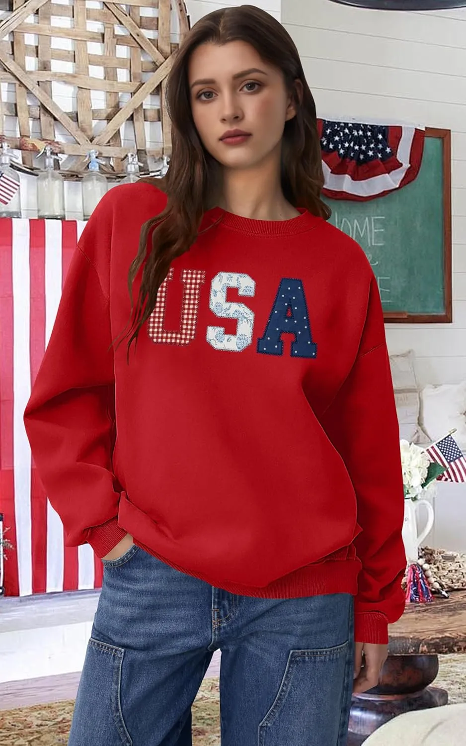 USA Sweatshirt Women American Flag Shirt Patriotic Tshirt Stars Stripes Pullover 4th of July Tee Tops