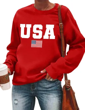 USA Sweatshirt Women American Flag Shirt Patriotic Tshirt Stars Stripes Pullover 4th of July Tee Tops