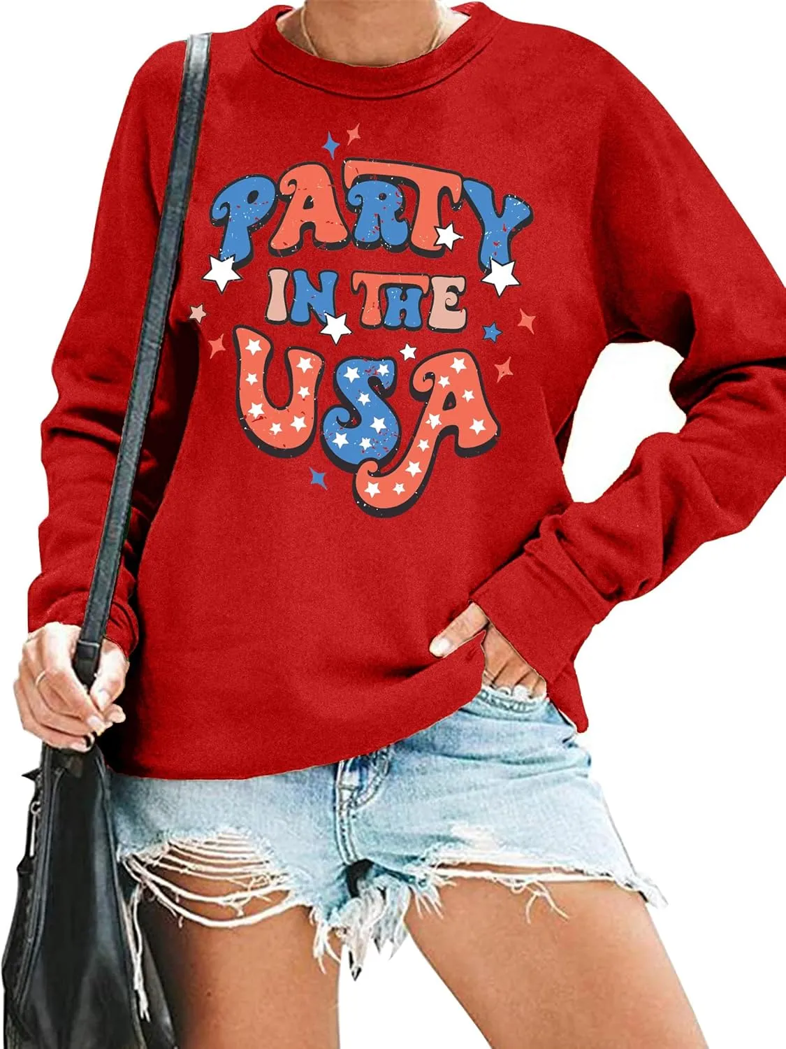 USA Sweatshirt Women American Flag Shirt Patriotic Tshirt Stars Stripes Pullover 4th of July Tee Tops