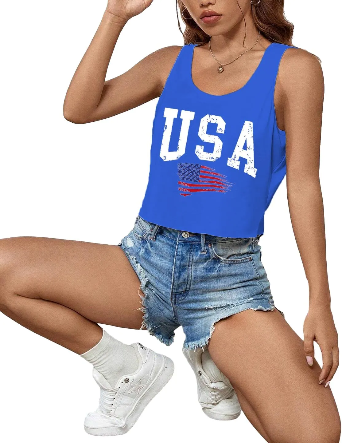 USA Tank Top Women American Flag Crop Tank 4th of July Patriotic Crop Shirts Summer Sleeveless Tee Tops