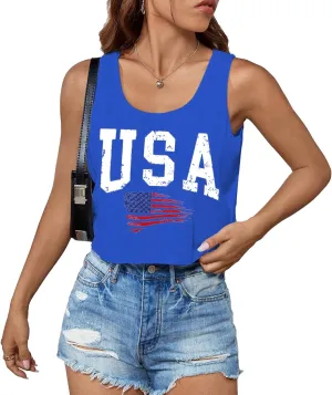 USA Tank Top Women American Flag Crop Tank 4th of July Patriotic Crop Shirts Summer Sleeveless Tee Tops